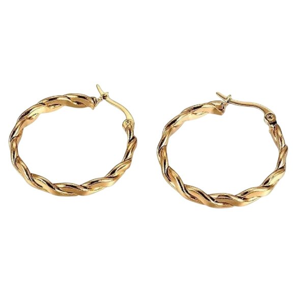 1 1/8 Inch 31mm Braided Hoop Pierced Post Earrings Gold Tone 3mm Wide Band - Picture 2 of 6